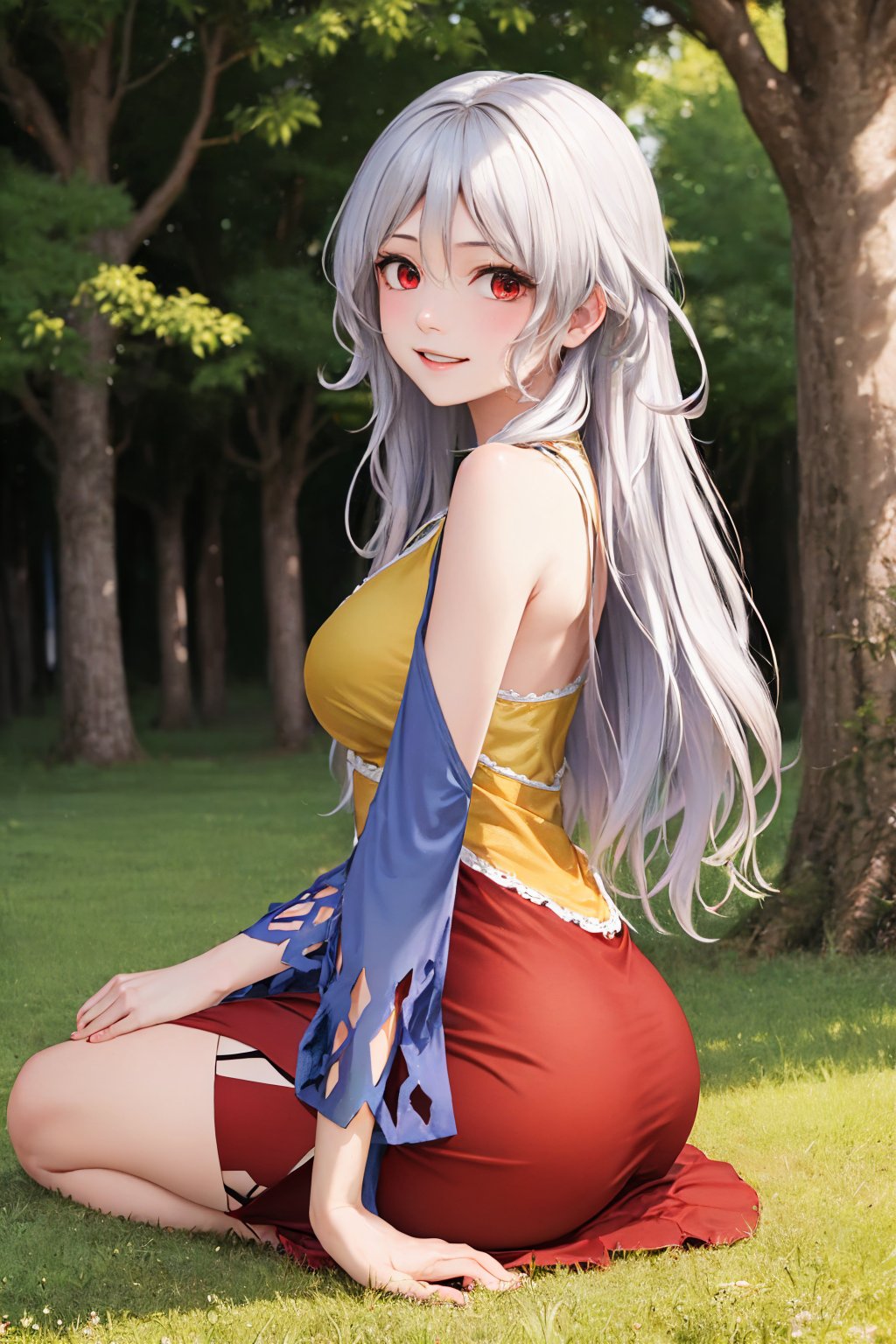 00052-1820853861-(masterpiece, best quality_1.2), solo, 1girl, sakata nemuno, smile, looking at viewer, seiza, grey hair, multicolored dress, sin.jpg